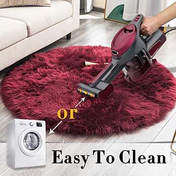 Carvapet Faux Sheepskin Fur Area Rug Round Fake Fur Throw Rug Fluffy Home Decor Living Room Floor Mat Circular Bedside Carpet Soft Circle Kids Play Mat for Nursery Bedroom,4 ft Diameter, Burgundy