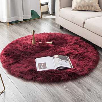 Carvapet Faux Sheepskin Fur Area Rug Round Fake Fur Throw Rug Fluffy Home Decor Living Room Floor Mat Circular Bedside Carpet Soft Circle Kids Play Mat for Nursery Bedroom,4 ft Diameter, Burgundy