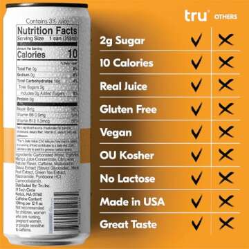 Tru Energy Seltzer, Clean Energy Drink with B-Vitamins, Mango Flavor, Sparkling Water, 100mg Natural...