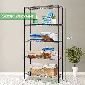 HCY 5-Tier Storage Shelf Heavy Duty Shelving Unit NSF Height Adjustable Metal Storage Rack for Laundry Bathroom Kitchen Garage Pantry Organization - 14inx36inx72in (Black)