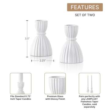 LampLust White Taper Candle Holder, 3.5 Inch, 2 Pack Candlestick Holders, Glass Candle Holders for S...