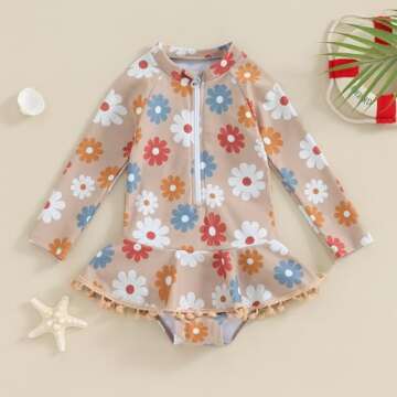 Yccutest Toddler Floral Bathing Suit Girls Long Sleeve Zipper Ruffle Tassel One Piece Swimsuit Kids ...
