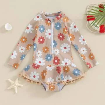 Yccutest Toddler Floral Bathing Suit Girls Long Sleeve Zipper Ruffle Tassel One Piece Swimsuit Kids ...