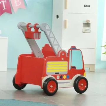 labebe Wooden Baby Walker, Baby Push Walker, Learning Walker Push Toy for Toddlers 1-3 Year Old Boys and Girls, Fire Truck Walker with Wheels