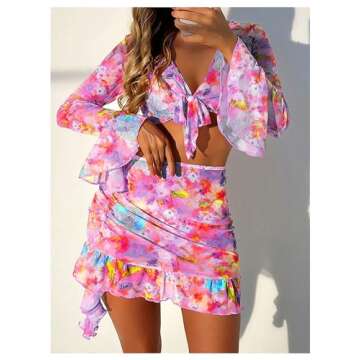 BEAUDRM Women's 4 Piece Allover Print Bikini Halter Neck Triangle Set High Cut Bikini Swimsuit Bathing Suit Multicolor B X-Large