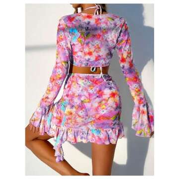 BEAUDRM Women's 4 Piece Allover Print Bikini Halter Neck Triangle Set High Cut Bikini Swimsuit Bathing Suit Multicolor B X-Large