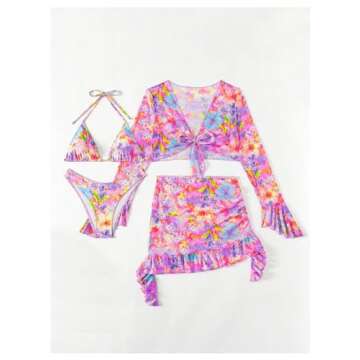 BEAUDRM Women's 4 Piece Allover Print Bikini Halter Neck Triangle Set High Cut Bikini Swimsuit Bathing Suit Multicolor B X-Large