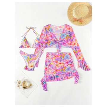 BEAUDRM Women's 4 Piece Allover Print Bikini Halter Neck Triangle Set High Cut Bikini Swimsuit Bathing Suit Multicolor B X-Large