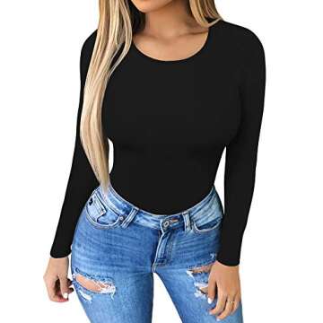 MANGOPOP Women's Round Collar Clothing Short Sleeve Long Sleeve Tops T Shirt Bodysuit(Longsleeve Bla...