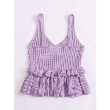 SweatyRocks Women's Casual Spaghetti Strap Ruffle Hem Peplum Cropped Knit Sweater Purple L