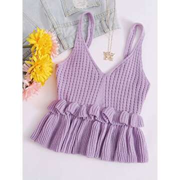 SweatyRocks Women's Casual Spaghetti Strap Ruffle Hem Peplum Cropped Knit Sweater Purple L