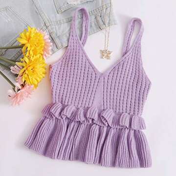 SweatyRocks Women's Casual Spaghetti Strap Ruffle Hem Peplum Cropped Knit Sweater Purple L