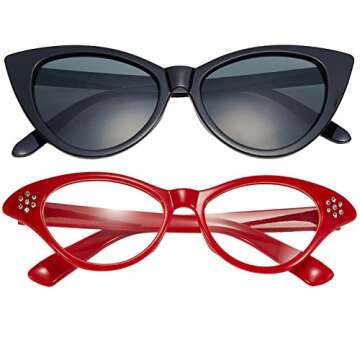 50's Costume Accessories Set Chiffon Scarf Cat Eye Cat Glasses Headband and Earrings (OneSize, Red)