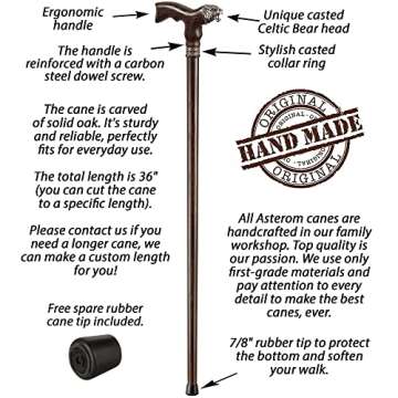 Asterom Handmade Celtic Walking Cane for Men - Bear - Cool Wood Cane Stylish Walking Stick