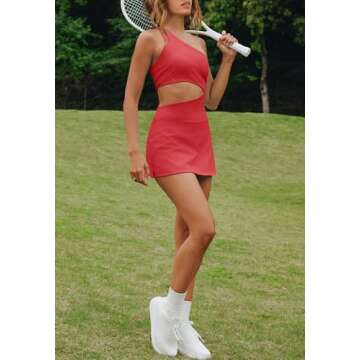 LAMISSCHE Womens Tennis Dress Built with Bra and Shorts Workout One Shoulder Mini Dress Athletic Cut Out Golf Dress(Red,XS)