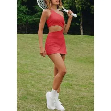 LAMISSCHE Womens Tennis Dress Built with Bra and Shorts Workout One Shoulder Mini Dress Athletic Cut Out Golf Dress(Red,XS)
