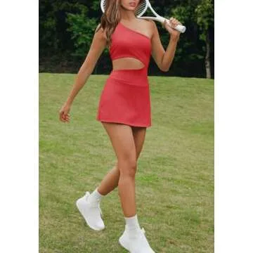 LAMISSCHE Womens Tennis Dress Built with Bra and Shorts Workout One Shoulder Mini Dress Athletic Cut Out Golf Dress(Red,XS)
