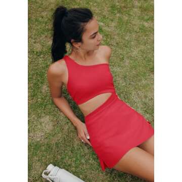 LAMISSCHE Womens Tennis Dress Built with Bra and Shorts Workout One Shoulder Mini Dress Athletic Cut Out Golf Dress(Red,XS)