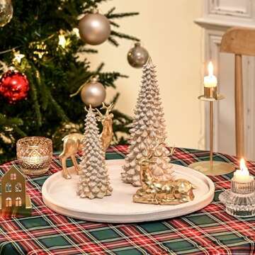 AOMOONOA Resin Christmas Tree Figurines, 2Pcs Distressed White with Gold Table top Christmas Trees, Small Christmas Tree Figurine Set, Decorative Xmas Trees for Rustic Christmas Decor