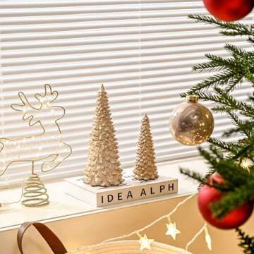 AOMOONOA Resin Christmas Tree Figurines, 2Pcs Distressed White with Gold Table top Christmas Trees, Small Christmas Tree Figurine Set, Decorative Xmas Trees for Rustic Christmas Decor
