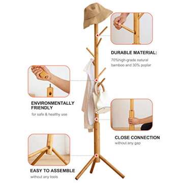 BMOSU Coat Rack freestanding Stand Bamboo Wooden Coat Tree 8 Hooks 3 Adjustable Standing Jackets Han...