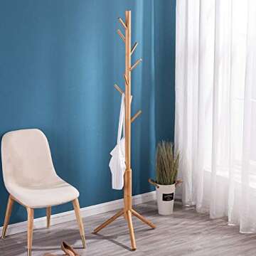 BMOSU Coat Rack freestanding Stand Bamboo Wooden Coat Tree 8 Hooks 3 Adjustable Standing Jackets Hanger Hallway Corner Parlor(Nature)