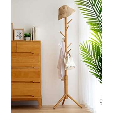 BMOSU Coat Rack freestanding Stand Bamboo Wooden Coat Tree 8 Hooks 3 Adjustable Standing Jackets Hanger Hallway Corner Parlor(Nature)
