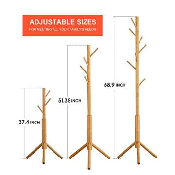 BMOSU Coat Rack freestanding Stand Bamboo Wooden Coat Tree 8 Hooks 3 Adjustable Standing Jackets Hanger Hallway Corner Parlor(Nature)