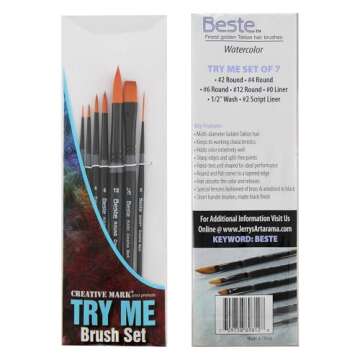 Creative Mark Best Golden Taklon Paint Brushes- Try-Me Watercolor Set of 7- Multi-Diameter Natural B...