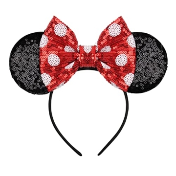 Eisyaa Mouse Ears Bow Headbands, Sequin Classic Red Polka dot Mouse Ears Headband Glitter Party Prin...