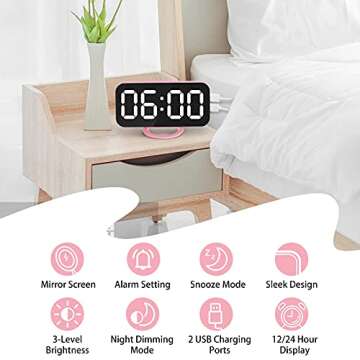 Miowachi Digital Alarm Clock,Large Mirrored LED Clock,Snooze,2 USB Charger Ports Desk Alarm Clocks f...