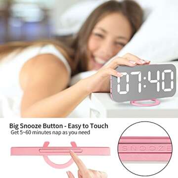 Miowachi Digital Alarm Clock,Large Mirrored LED Clock,Snooze,2 USB Charger Ports Desk Alarm Clocks for Bedroom Decor (Pink)