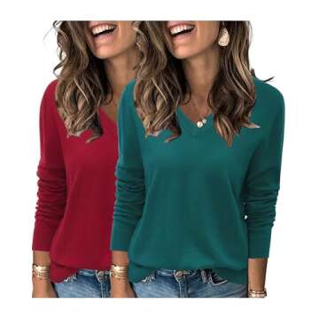 Arach&Cloz 2 Pack Womens Sweater 2024 Lightweight Soft V Neck Long Sleeve Fall Tops