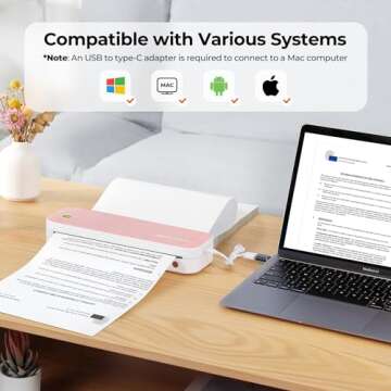 MUNBYN Portable Printer ITP01, Bluetooth Thermal Printer for Travel, Support 8.5x11 US Letter & A4 Thermal Paper, Compatible with Android and iOS Phone & Laptop, Inkless Printer (Pink)