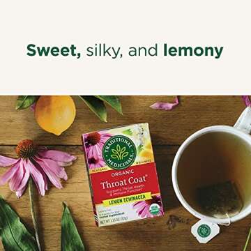 Traditional Medicinals Tea, Organic Throat Coat Lemon Echinacea, Supports Throat Health & Immune Fuction, 16 Tea Bags