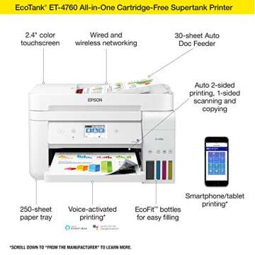 Epson EcoTank ET-4760 Wireless Color All-in-One Cartridge-Free Supertank Printer with Scanner, Copier, Fax, ADF and Ethernet - White, Large (Renewed)