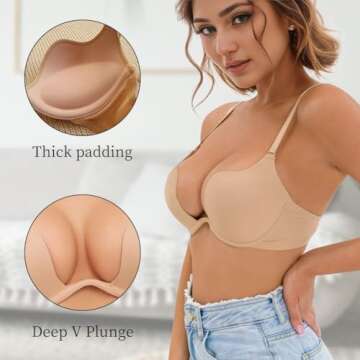 Sexy Code 1701 Womens Low Plunge Push Up Bra with Clear Straps Low Cut Convertible Underwire Padded ...