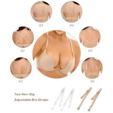 Sexy Code 1701 Womens Low Plunge Push Up Bra with Clear Straps Low Cut Convertible Underwire Padded Cleavage Bra(D013-Beige-36C)