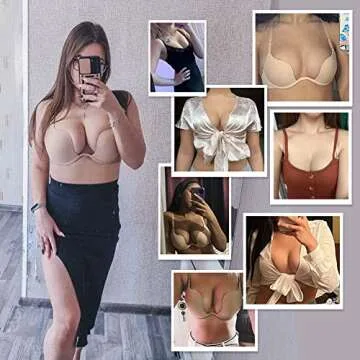 Sexy Code 1701 Womens Low Plunge Push Up Bra with Clear Straps Low Cut Convertible Underwire Padded Cleavage Bra(D013-Beige-36C)