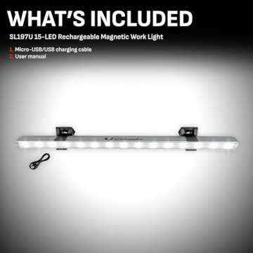 Schumacher SL197U 15-LED Rechargeable Magnetic Work Light – 180° Adjustable Positioning – Dual Magnetic Brackets – Lithium Ion Rechargeable Battery – High-Power SMD LEDs