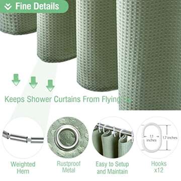 Dynamene Extra Long Shower Curtain,84 Inch Long Waffle Weave Weighted Thick Fabric Bathroom Shower Curtain, Heavy Duty Large Hotel Bath Curtain Set with 12 Plastic Hooks,72x84,Sage Green