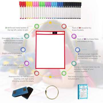 30 Dry Erase Pockets Oversized 10” x 13” + 30 PENS, Pen Holder, 3 Metal Eyelets, Ring Holder for Storage. Reusable Plastic Sheet Protectors for Classroom Organization & Teaching Supplies. Save Paper