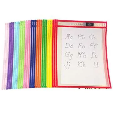 30 Dry Erase Pockets Oversized 10” x 13” + 30 PENS, Pen Holder, 3 Metal Eyelets, Ring Holder for Storage. Reusable Plastic Sheet Protectors for Classroom Organization & Teaching Supplies. Save Paper