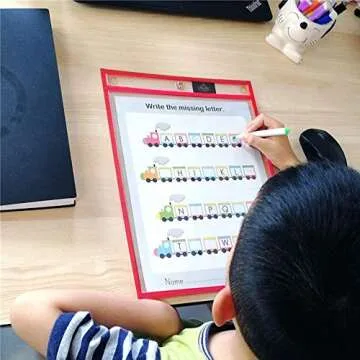 30 Dry Erase Pockets Oversized 10” x 13” + 30 PENS, Pen Holder, 3 Metal Eyelets, Ring Holder for Storage. Reusable Plastic Sheet Protectors for Classroom Organization & Teaching Supplies. Save Paper