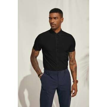 PJ PAUL JONES Mens Dress Shirts Short Sleeve,Business Casual Shirts for Men Summer,Mens Short Sleeve Button Down Shirts Wrinkle Free Black