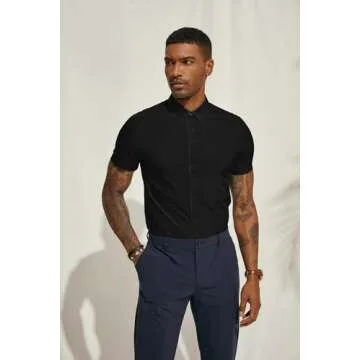 PJ PAUL JONES Mens Dress Shirts Short Sleeve,Business Casual Shirts for Men Summer,Mens Short Sleeve Button Down Shirts Wrinkle Free Black