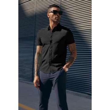 PJ PAUL JONES Mens Dress Shirts Short Sleeve,Business Casual Shirts for Men Summer,Mens Short Sleeve Button Down Shirts Wrinkle Free Black