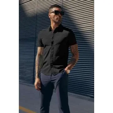 PJ PAUL JONES Mens Dress Shirts Short Sleeve,Business Casual Shirts for Men Summer,Mens Short Sleeve Button Down Shirts Wrinkle Free Black