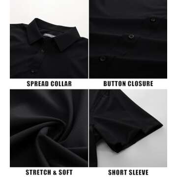 PJ PAUL JONES Mens Dress Shirts Short Sleeve,Business Casual Shirts for Men Summer,Mens Short Sleeve Button Down Shirts Wrinkle Free Black