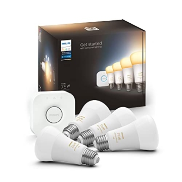 Philips Hue Smart Light Starter Kit - Includes (1) Bridge and (4) 75W A19 E26 LED Smart White Ambian...
